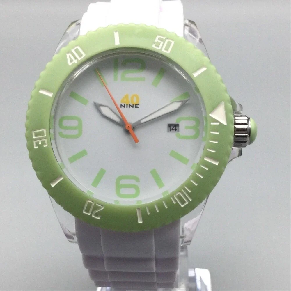 40nine Mens Watch 43mm White Dial Green Bezel White Silicone Date New Battery